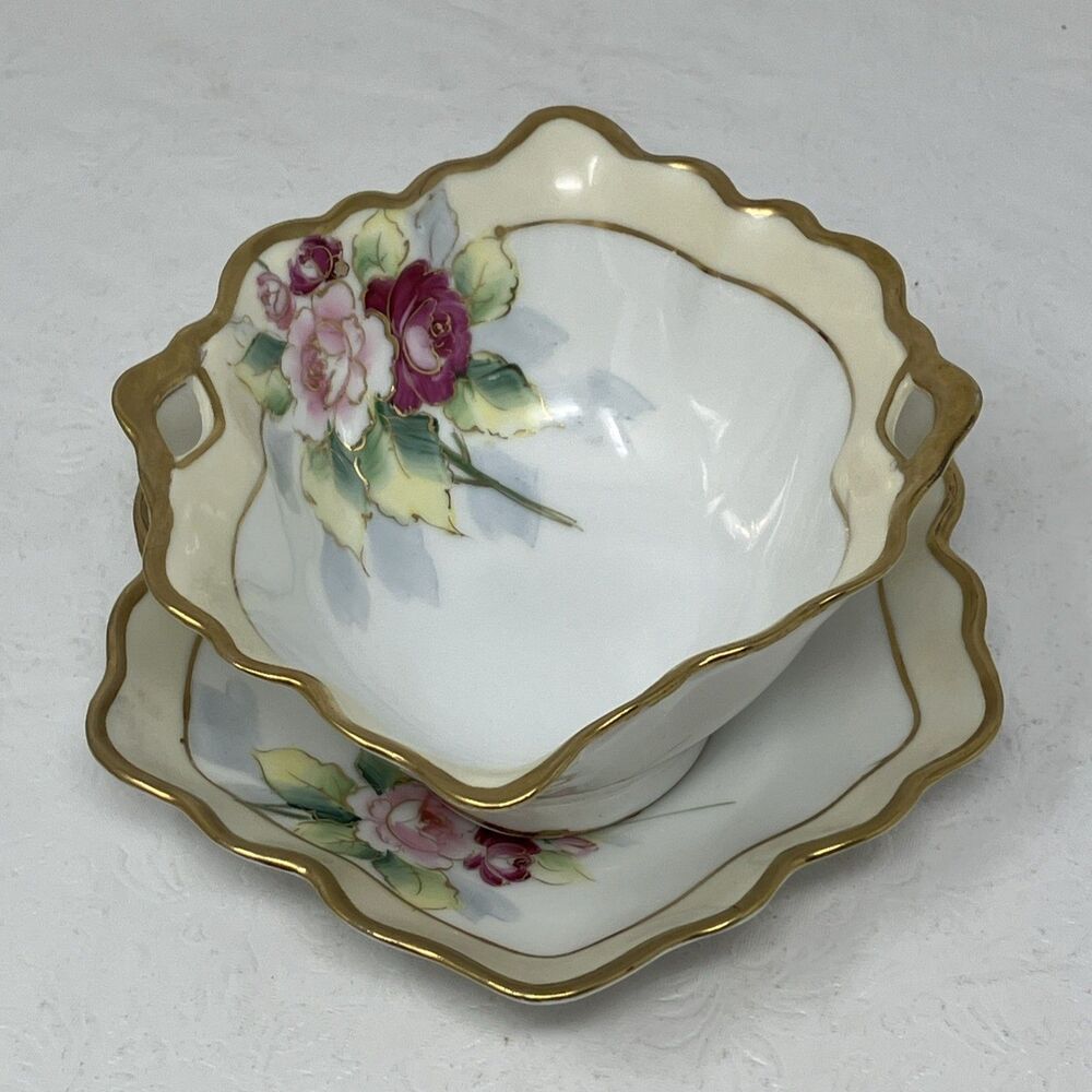 Nippon Gravy Sauce Boat w Underplate Roses Gilt Painted Gold & Raised Flower VTG